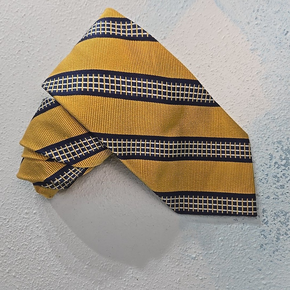 Faconnable Gold Navy Striped Silk Neck Tie Hand Made Italy Designer Neckwear USA